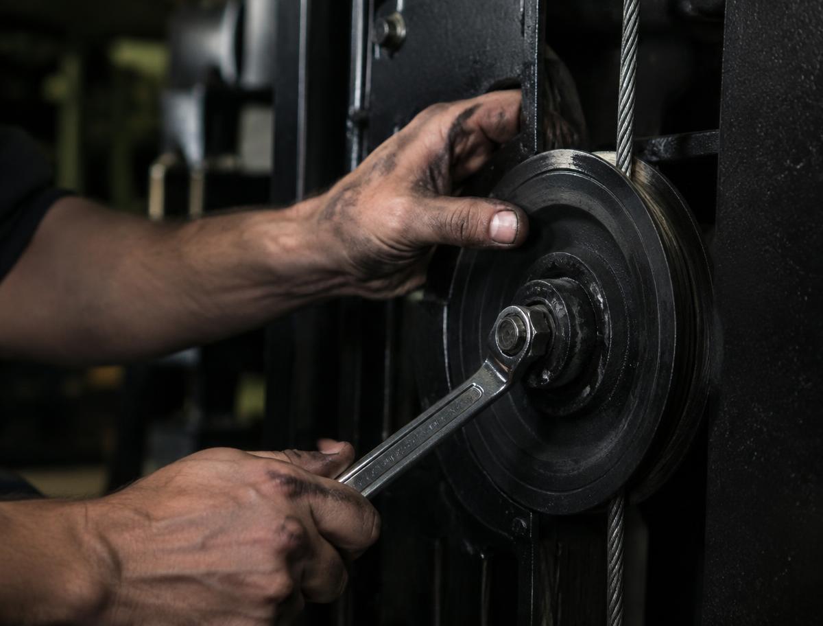 Technician using a wrench to service a cable pulley on a strength machine